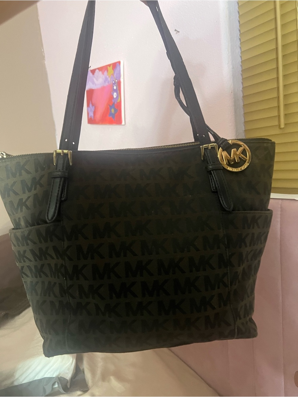 Michael Kors Dark Brown MK Logo Tote with Gold Charm